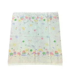 Baby Blanket Multicolor Pastel Print Trains Boats Rockets 46x40 Satin Bind VTG